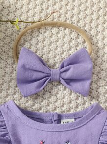 SHEIN 新生兒花卉刺繡荷葉邊前蝴蝶結連衣裙帶配件髮箍 - 紫色 - 查看 5