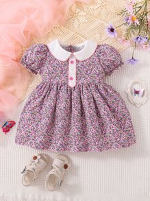 SHEIN 嬰兒碎花彼得潘領泡泡袖連衣裙 - 彩色 - 查看 1