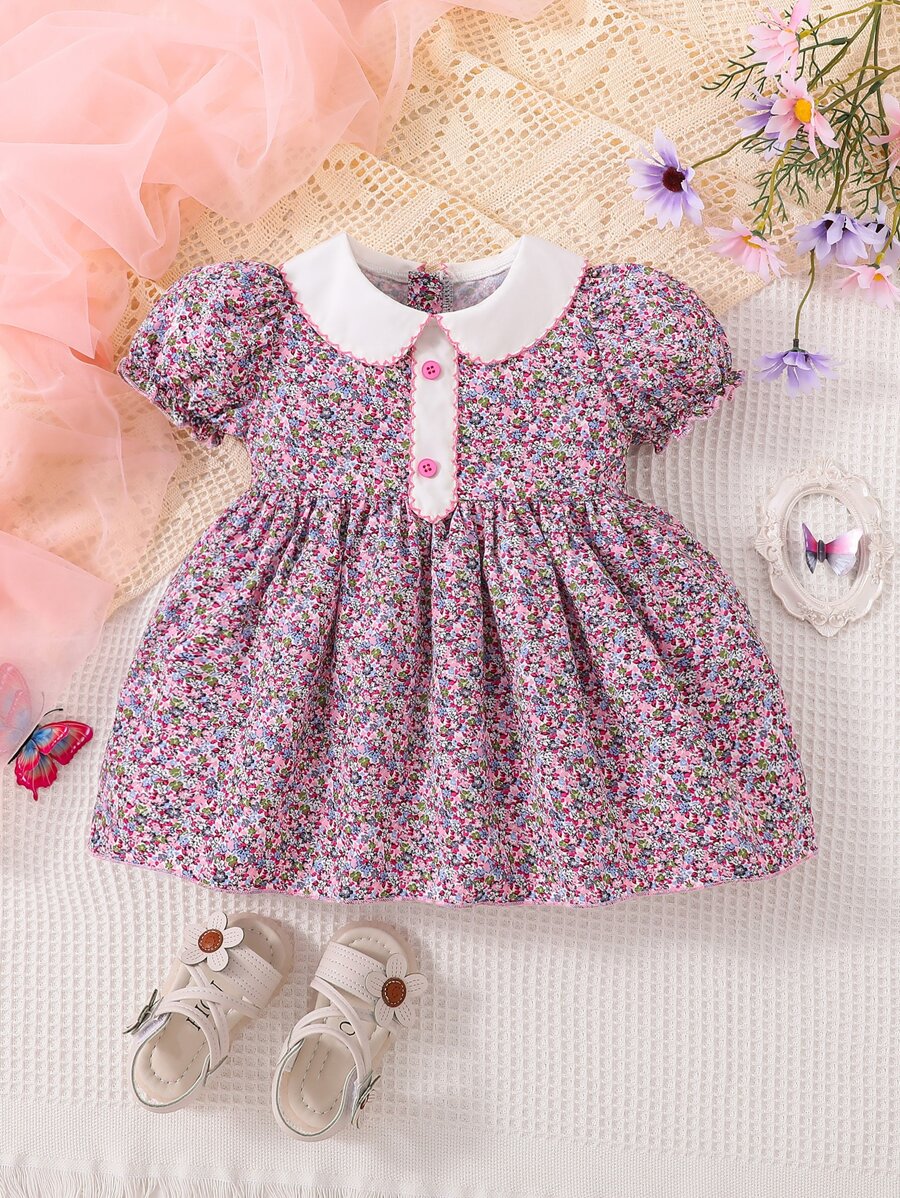 SHEIN 嬰兒碎花彼得潘領泡泡袖連衣裙 - 彩色 - 查看 1