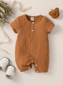 Baby Solid Half Button Romper - Brown - View 1