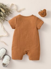 Baby Solid Half Button Romper - Brown - View 2