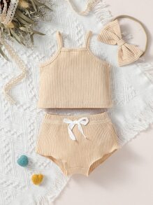 SHEIN Recién nacido Bebé Shorts con top de tirantes tejido de canalé - Albaricoque - Ver 1