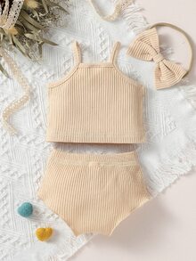 SHEIN Recién nacido Bebé Shorts con top de tirantes tejido de canalé - Albaricoque - Ver 2