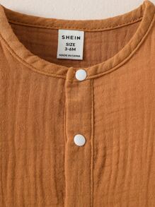 Baby Solid Half Button Romper - Brown - View 5