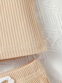 SHEIN Recién nacido Bebé Shorts con top de tirantes tejido de canalé - Albaricoque - Ver 5