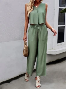 SHEIN LUNE Solid Crop Tank Top & Wide Leg Pants - Green - View 1