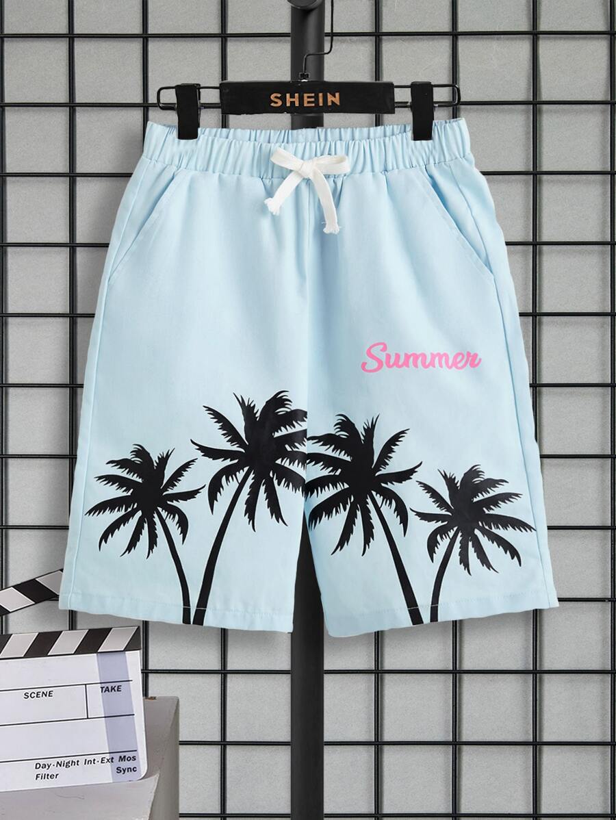 SHEIN Boys Coconut Tree & Letter Graphic Drawstring Waist Shorts - Baby Blue - View 1