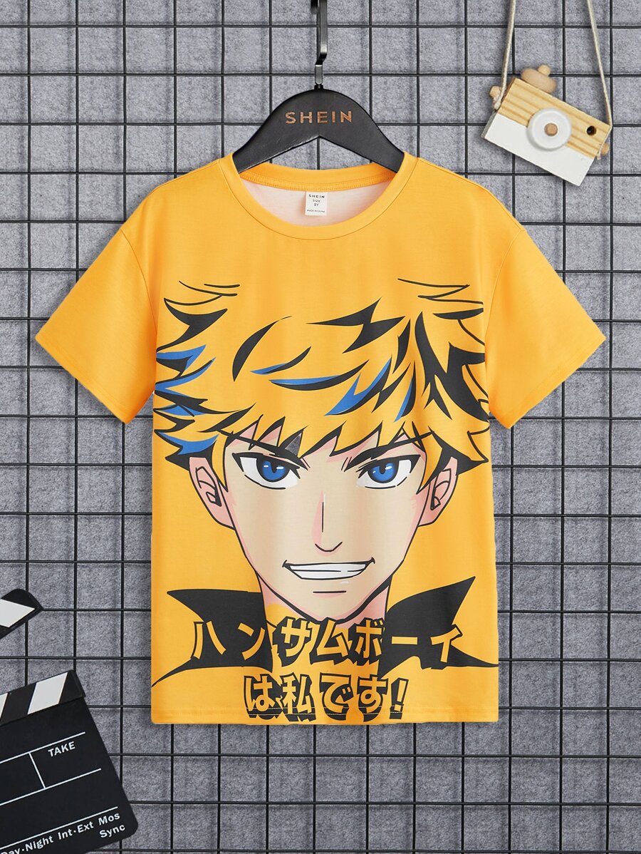 SHEIN Boys Figure & Slogan Graphic Tee - Yellow - View 1