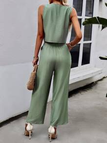 SHEIN LUNE Solid Crop Tank Top & Wide Leg Pants - Green - View 2