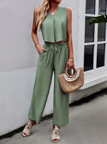 SHEIN LUNE Solid Crop Tank Top & Wide Leg Pants - Green - View 3