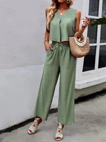 SHEIN LUNE Solid Crop Tank Top & Wide Leg Pants - Green - View 4