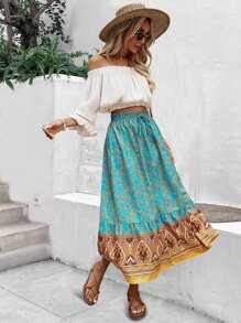 SHEIN VCAY Falda floral bajo con fruncido - Azul - Ver 3