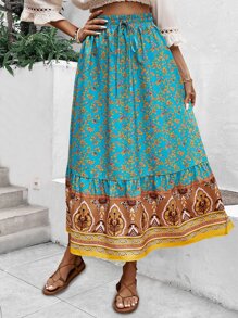 SHEIN VCAY Falda floral bajo con fruncido - Azul - Ver 4