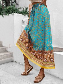 SHEIN VCAY Falda floral bajo con fruncido - Azul - Ver 6