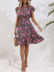 Breezaya Allover Floral Print Ruffle Hem Dress - Black - View 4
