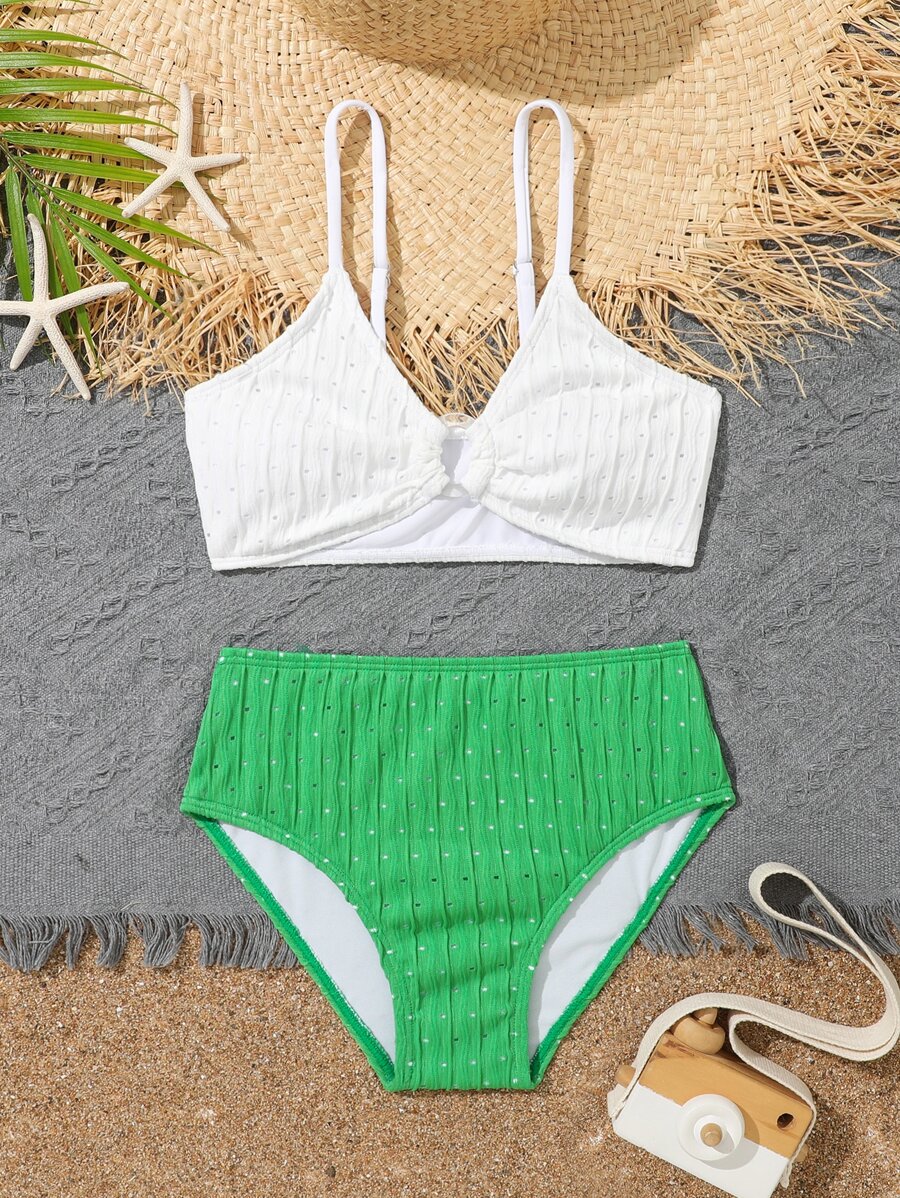 Tween Girl Two Tone Ring Linked Bikini Set Summer Beach - Multicolor - View 1