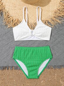 Tween Girl Two Tone Ring Linked Bikini Set Summer Beach - Multicolor - View 4