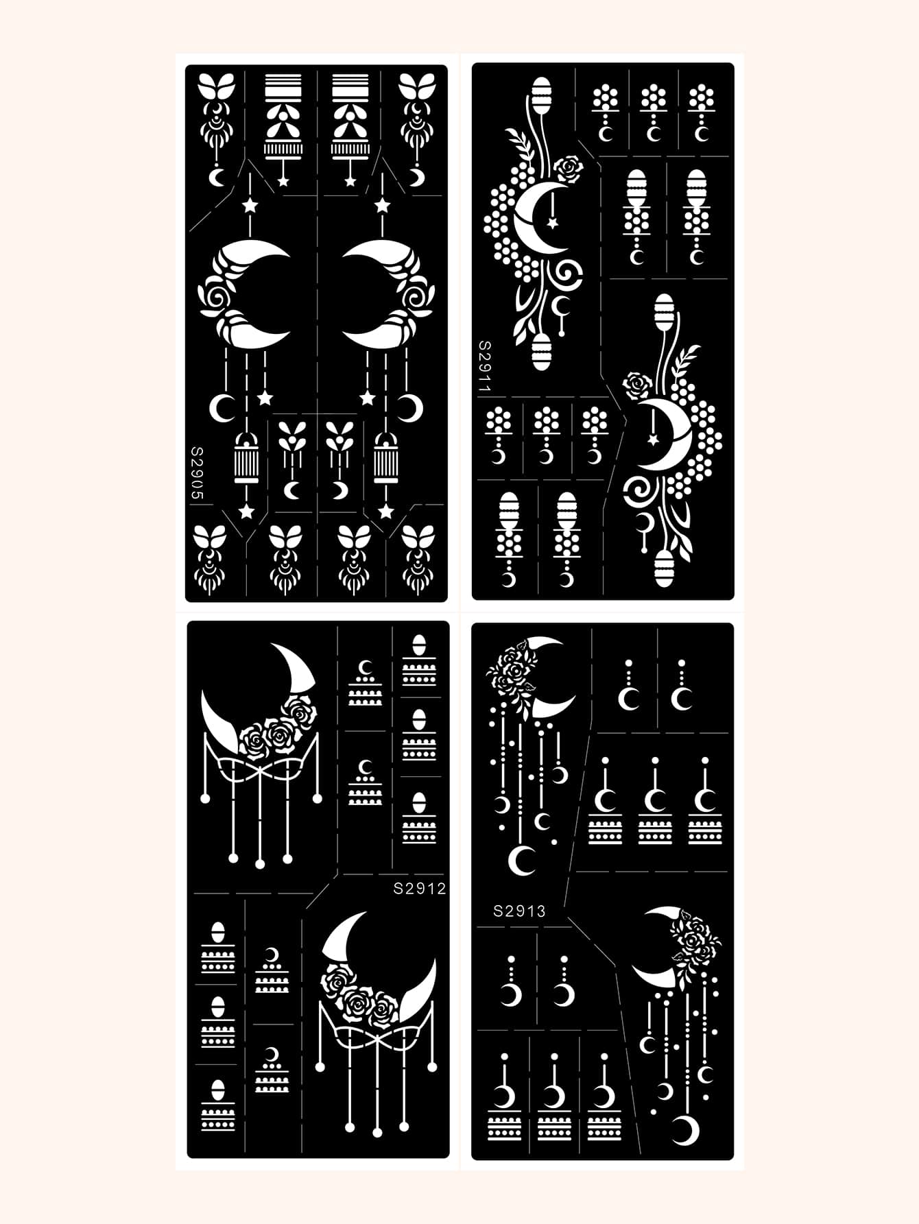 Tattoo Stencil Kit,4 Sheets Moon & Star Pattern Hollow Out Tattoo Stencils for Women and Girls,Reusable Henna Stencils For Hand,Diy Tattooing Template,Tattoo Stickers for Face Paint Body Art - Black - View 1