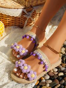 女士度假风编织几何图案装饰流苏平底凉鞋 - 紫色 - 查看 1