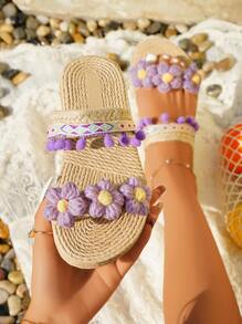 女士度假风编织几何图案装饰流苏平底凉鞋 - 紫色 - 查看 2