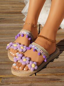 女士度假风编织几何图案装饰流苏平底凉鞋 - 紫色 - 查看 6