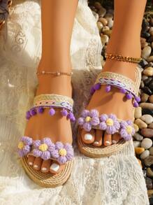 女士度假风编织几何图案装饰流苏平底凉鞋 - 紫色 - 查看 8