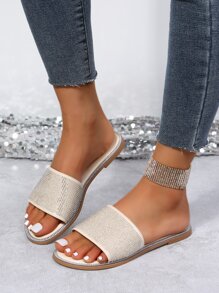 Women Rhinestone Decor Flat Sandals, Glamorous Glass Slide Sandals For Outdoor Valentines - Beige - View 3