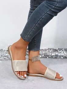 Women Rhinestone Decor Flat Sandals, Glamorous Glass Slide Sandals For Outdoor Valentines - Beige - View 5