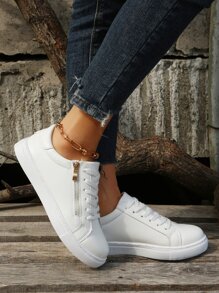 女士休閒運動鞋,復古風格,舒服,繫帶,拉鏈細節,側條紋 - 白色 - 查看 1