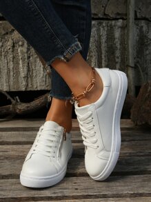 女士休閒運動鞋,復古風格,舒服,繫帶,拉鏈細節,側條紋 - 白色 - 查看 4