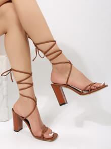 女士腿部繫帶設計粗跟優雅高跟涼鞋 - 棕色 - 查看 2