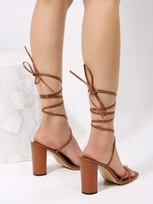 女士腿部繫帶設計粗跟優雅高跟涼鞋 - 棕色 - 查看 4