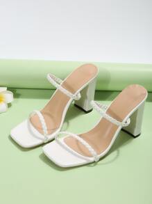 Women Braided Detail Heeled Sandals, Chunky Heeled Fashionable Mule Sandals White - White - View 4