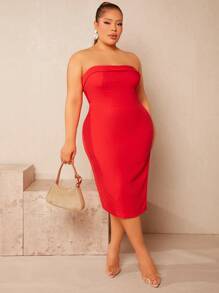 SHEIN SXY Plus Solid Tube Bodycon Dress - Red - View 3
