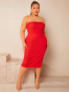 SHEIN SXY Plus Solid Tube Bodycon Dress - Red - View 6