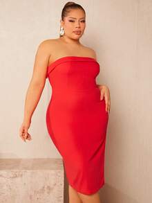 SHEIN SXY Plus Solid Tube Bodycon Dress - Red - View 4