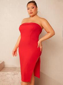 SHEIN SXY Plus Solid Tube Bodycon Dress - Red - View 1