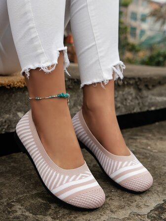 女士防滑條紋圖案一腳蹬優雅織物芭蕾舞鞋