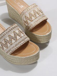女士編織細節編織涼鞋,度假淺褐色的織物坡跟涼鞋 - 米色 - 查看 3