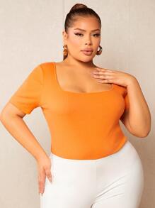 SHEIN SXY Plus Solid Square Neck Tee - Orange - View 3