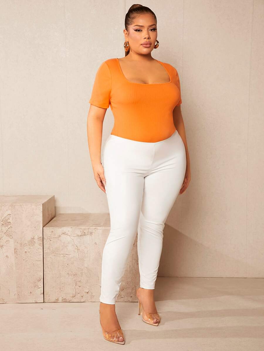 SHEIN SXY Plus Solid Square Neck Tee - Orange - View 1