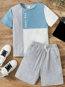 SHEIN Boys Letter Graphic Colorblock Tee & Drawstring Waist Shorts - Multicolor - View 1