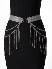 1pc Women's Rhinestone & Tassel Decor Waist Chain For Wedding, Party And Daily Wear, Length 105cm - Silver - View 1