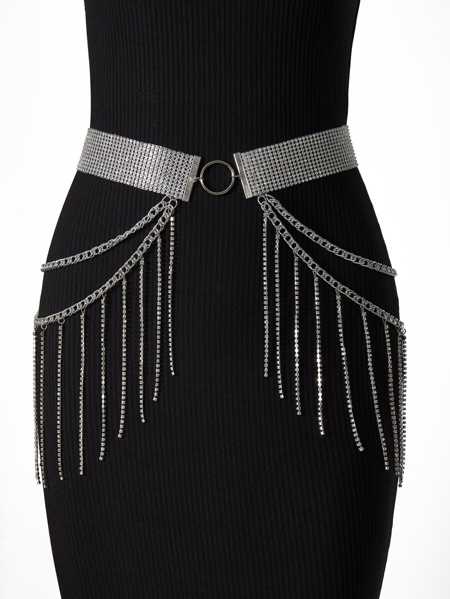 1pc Women's Rhinestone & Tassel Decor Waist Chain For Wedding, Party And Daily Wear, Length 105cm - Silver - View 1