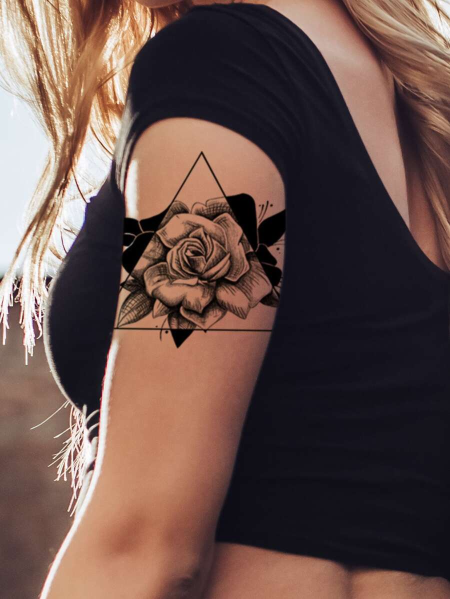 1張花朵圖案紋身貼紙 - 黑色 - 查看 1