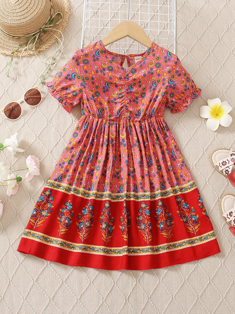 Toddler Girls Floral Print Ruched Flounce Sleeve Dress - Pink - View 1
