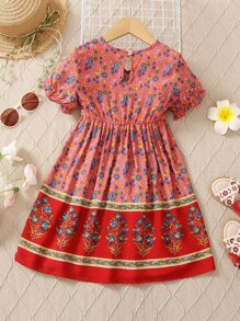 Toddler Girls Floral Print Ruched Flounce Sleeve Dress - Pink - View 2