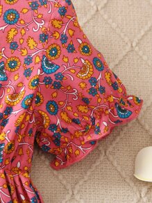 Toddler Girls Floral Print Ruched Flounce Sleeve Dress - Pink - View 3