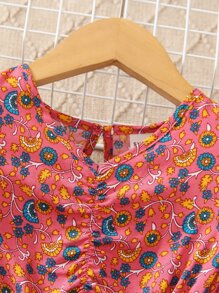 Toddler Girls Floral Print Ruched Flounce Sleeve Dress - Pink - View 5