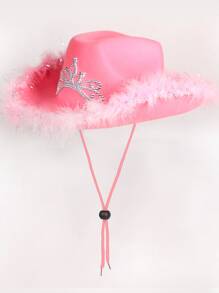 1pc Men's And Women's Shiny Pink Feather & Rhinestone Decor Western Cowboy Hat With Pull Cord, Vintage British Jazz Hat, Theme Party Halloween Carnival Hat, Wide Brim Woolen Hat, Fashionable Couple Hat, Felt Hat, Sun Hat, Autumn And Winter - Pink - View 13